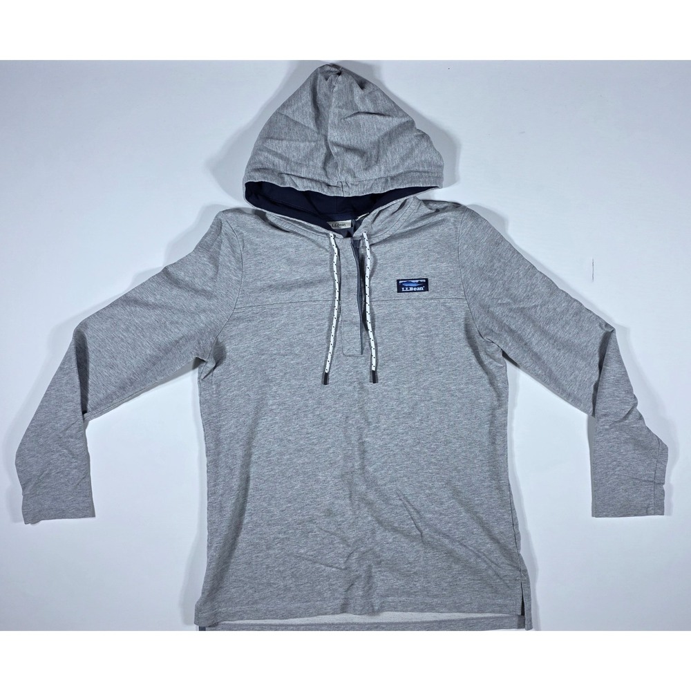 LL Bean Man's Gray Cotton French Terry Henley Hoodie Shirt M